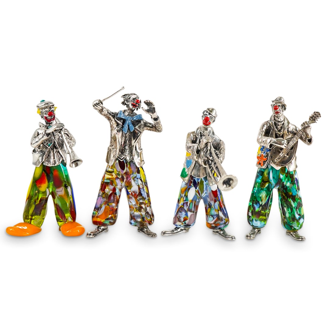 (4 Pc) Italian Sterling Silver, Enamel & Murano Glass Clown Sculptures (1 of 10)