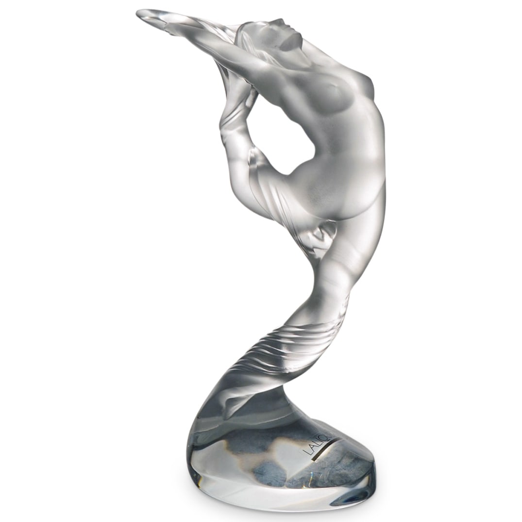Lalique Crystal Nude Acrobat Sculpture: DESCRIPTION: A Lalique sculpture depicts a figure of an acrobat, executed in clear and frosted crystal, having a partially draped beauty gracefully arching backward, signed "Lalique France" and sticke