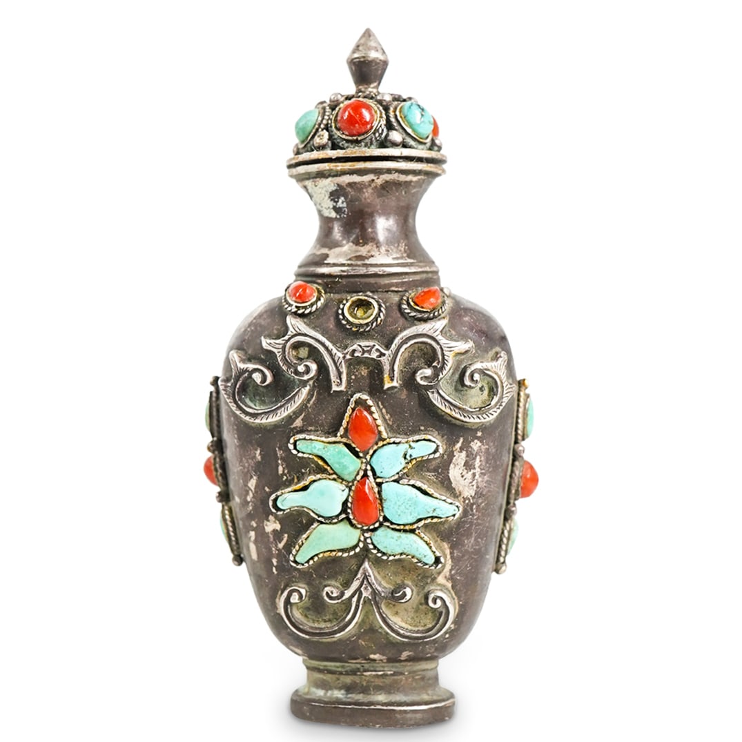 Antique Mongolian Foliage Silver, Coral, And Turquoise Snuff Bottle (1 of 3)