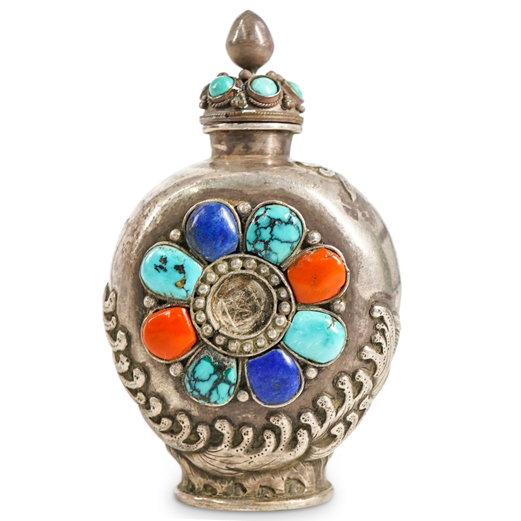Antique Mongolian Dragon Silver, Coral, Lapis, And Turquoise Snuff Bottle (1 of 4)