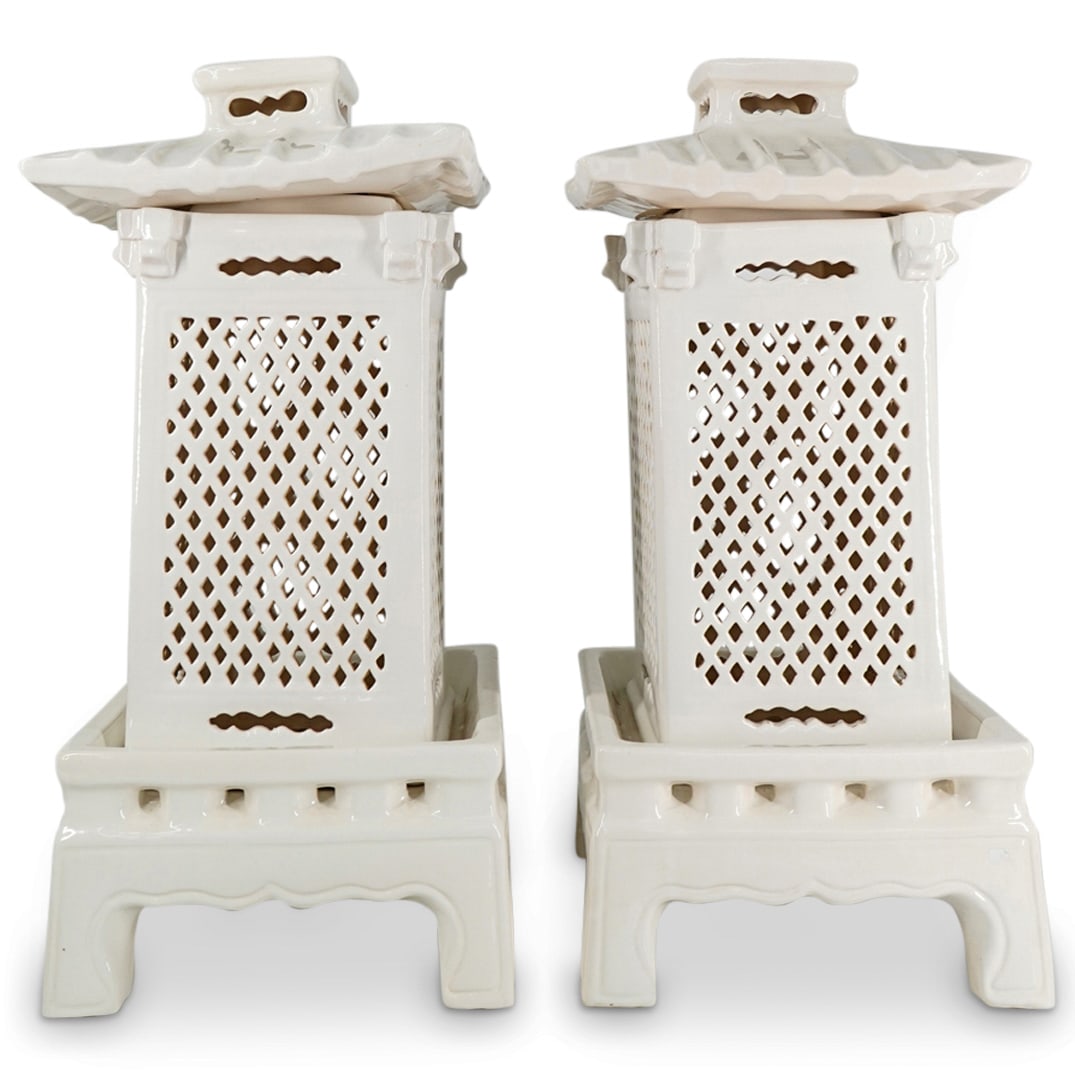 (2 Pc) Large Oriental Glazed Ceramic Garden Pagoda Lanterns: DESCRIPTION: (2 Pc) Pair of large Oriental pagoda glazed ceramic garden statues, depicting an Asian pagoda lantern zen garden sculpture. With white glazed finish. CIRCA: 20th Century ORIGIN: Asia DIME