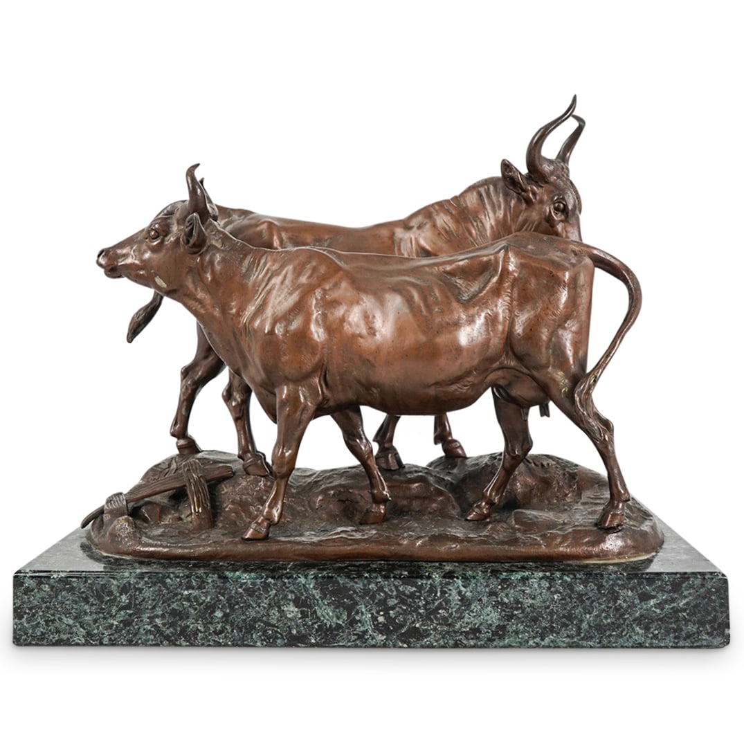After Charles Valton (French, 1851–1918) Cow And Bull: DESCRIPTION: Mixed metal sculpture after Charles Valton depicting cattle - one cow, one bull - standing next to each other. Signed "C.H. Valton" in front of bull. Mounted on a marble base. CIRCA: Late