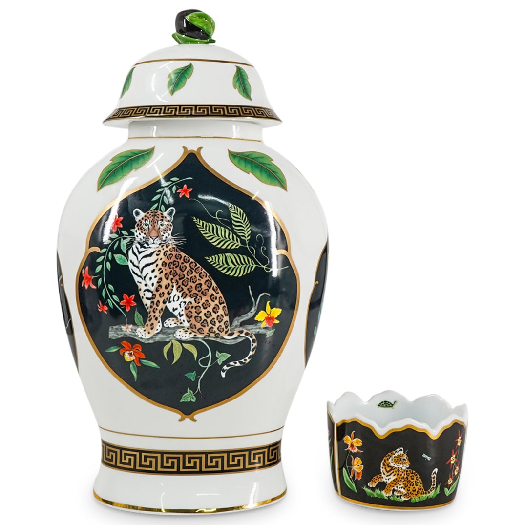 (2 Pc) Lynn Chase Porcelain "Jaguar Jungle" Lidded Urn & Candy Bowl (1 of 9)