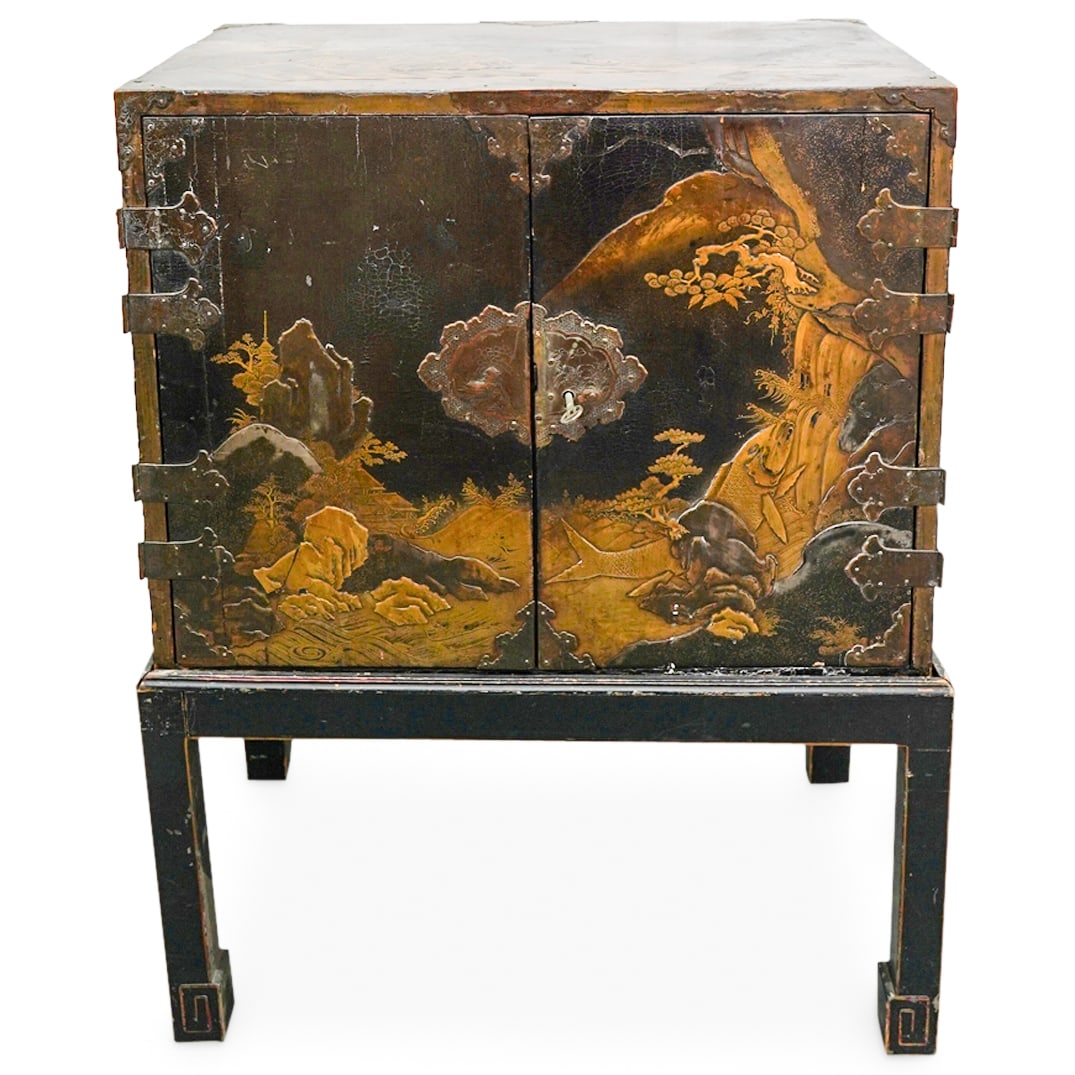 Antique Meiji Japanese Lacquered Carved Wood Cabinet On Stand (1 of 10)