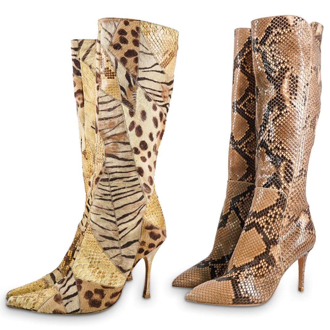 (2 Pc) Vintage Designer Escada & Gianvito Rossi Leather Boots: DESCRIPTION: (2 Pc) Vintage designer exotic animal skin leather pair of boots. This lot includes two (2) pairs of boots as follows: (1 Pc) Vintage Escada animal leather patchwork high boots. Size 36.
