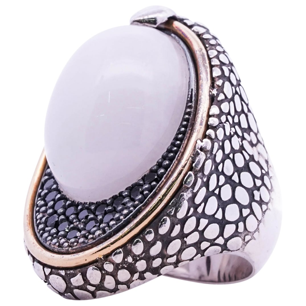 Vintage Designer Sterling Silver, Black Diamond, & White Quartz Ring (1 of 4)