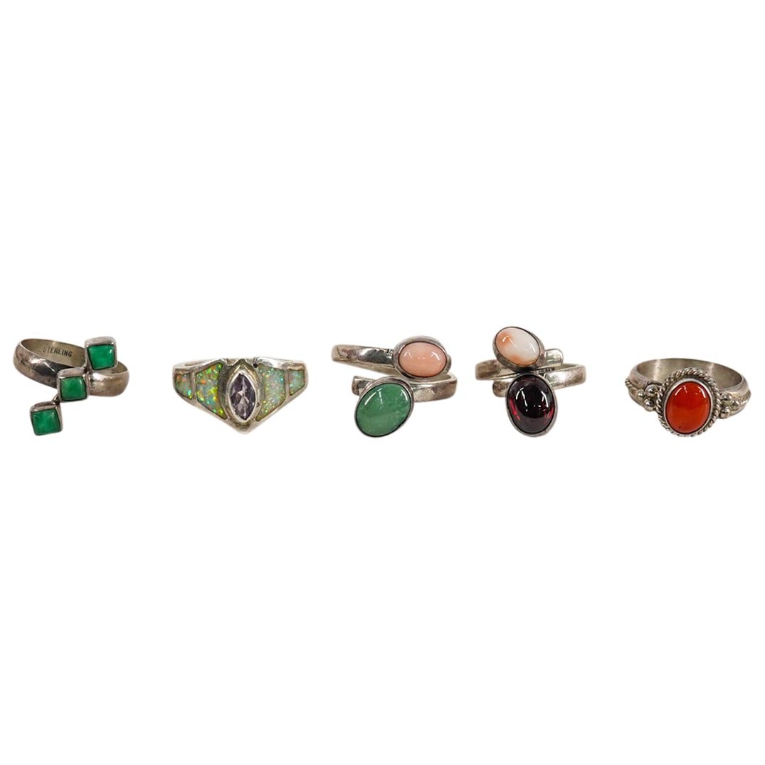 (5 Pc) Native American Sterling Silver and Semi Precious Stone Rings (1 of 11)
