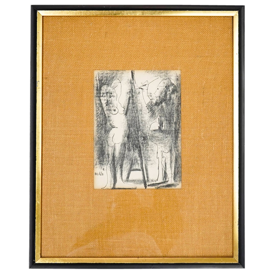 Pablo Picasso (1881-1973) "The Painter And Model II" Lithograph: DESCRIPTION: Lithograph of "The Painter and Model II" by Pablo Picasso depicting a painter at his canvas painting a nude model. Mounted in a textured, gilt accented frame. CIRCA: 20th Century ORIGIN: 