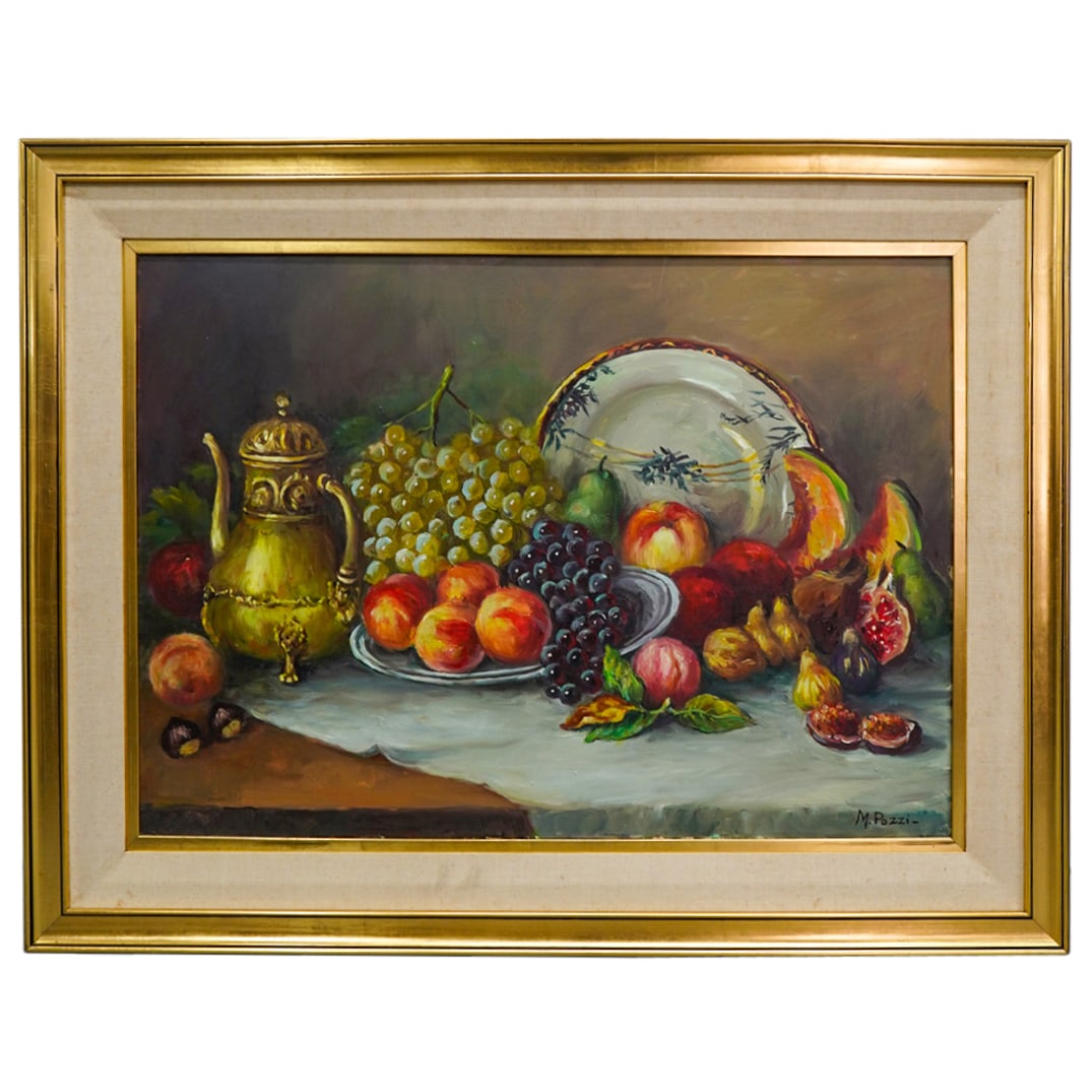 Signed M. Pozzi Fruit And Tableware Still Life Oil On Canvas: DESCRIPTION: Oil on canvas painting depicting a still life of fruit on a table among plates and a coffeepot. Signed "M. Pozzi" at lower right. Mounted in a gilt wooden frame. CIRCA: 19th to early 20th
