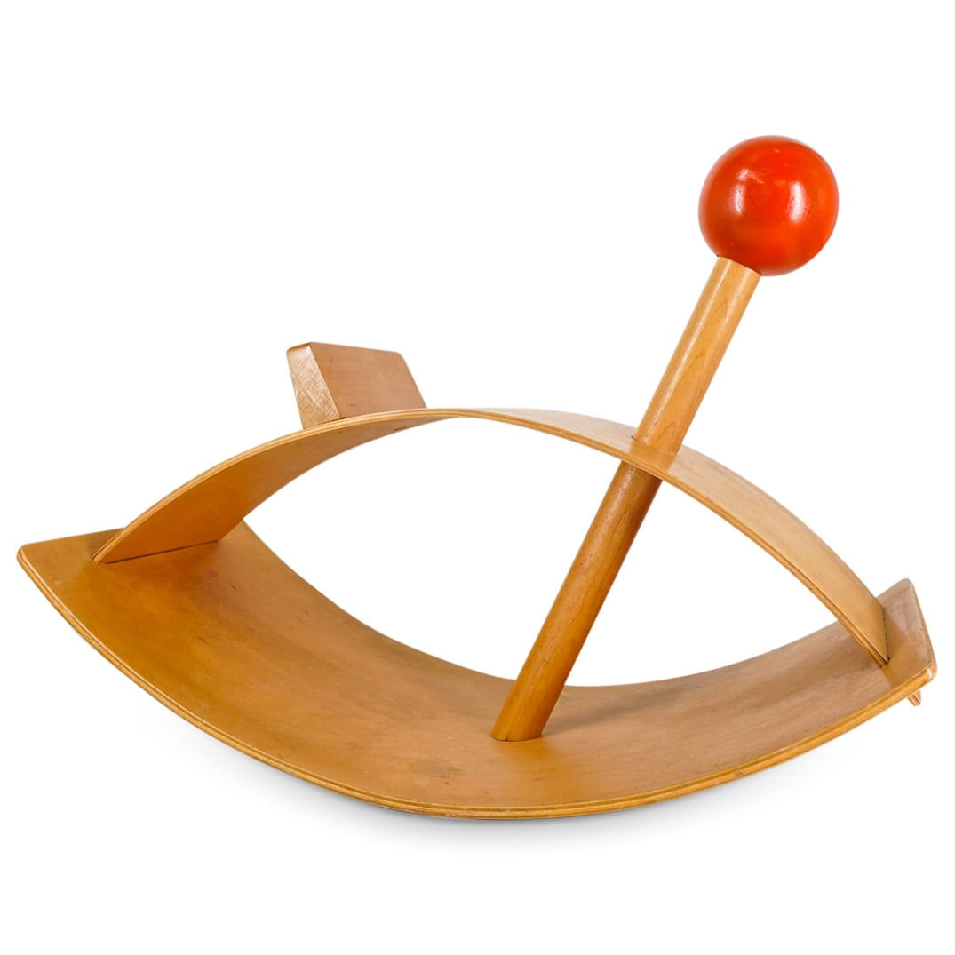 Bent Plywood Creative Playthings Childs Rocker: DESCRIPTION: Creative Playthings Childs Rocker crafted from bent plywood with painted red accenting sphere. Stamped: "Creative Playthings, Princeton, NJ" CIRCA: 20th Cent. ORIGIN: USA DIMENSIONS: H: 1