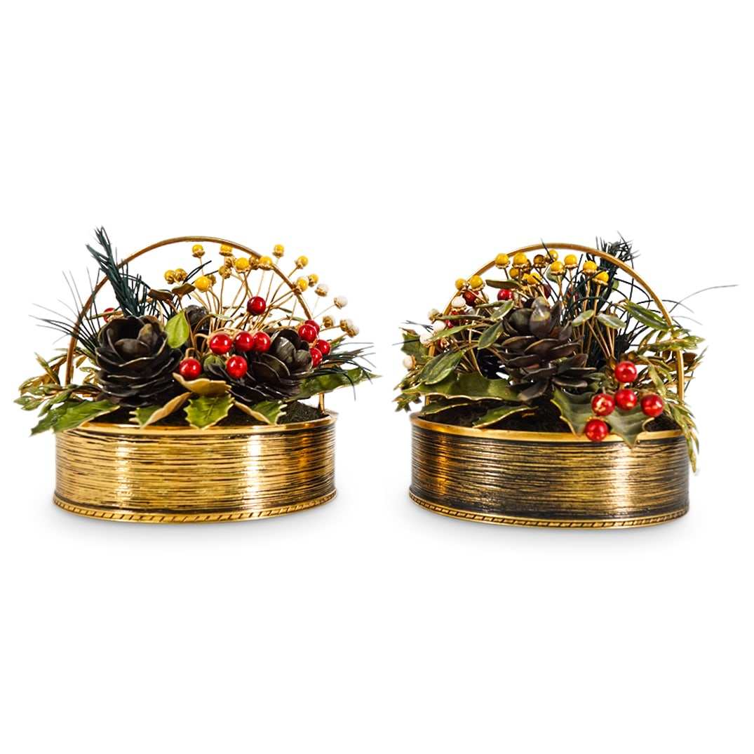 Pair Vintage Gloria Vanderbilt "Winter Bouquet" Enameled Sculptures: DESCRIPTION: Pair of vintage Gloria Vanderbilt "Winter Bouquet" metal sculptures featuring floral and foliage motifs. Marked on underside. CIRCA: 1977 ORIGIN: American DIMENSIONS: H: 4" W: 5.75" L: 7"
