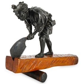 (Tokyo School) Japanese Bronze Wood Cutter Okimono