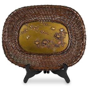 Antique Japanese Bronze Meiji Woven Basket