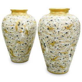 Pair Monumental Satsuma Porcelain Crane Vases