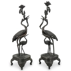Pair Meiji Japanese Bronze Crane & Lotus Candlesticks