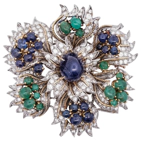 Vintage 18k Gold, Diamond, Sapphire and Emerald Floral Brooch