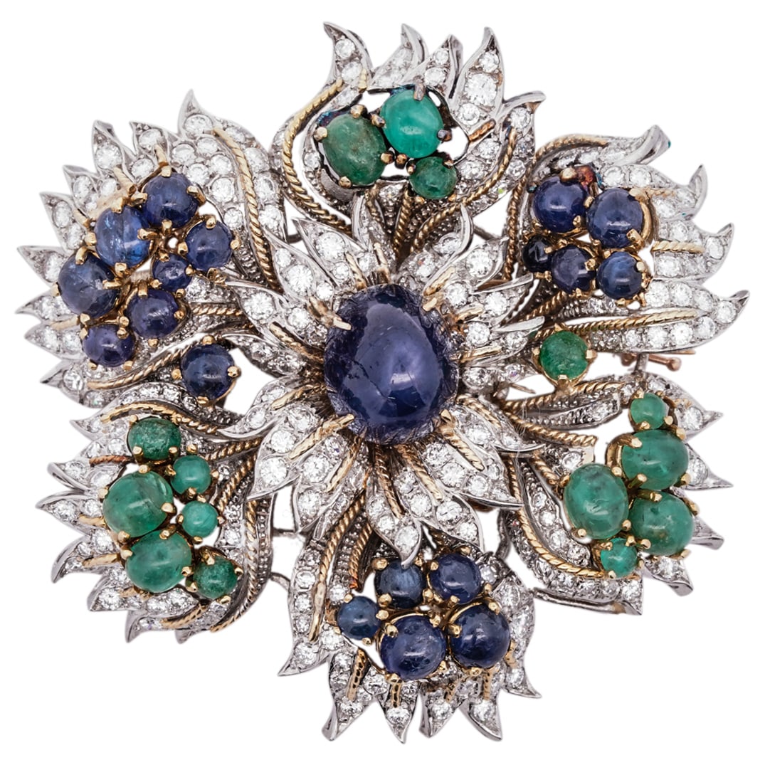 Vintage 18k Gold, Diamond, Sapphire and Emerald Floral Brooch (1 of 3)