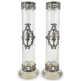 Pair Of Portuguese Silver And Atlantic Crystal Cylinder Vases
