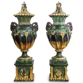 Pair Of Important Monumental Italian Majolica Lidded Vases