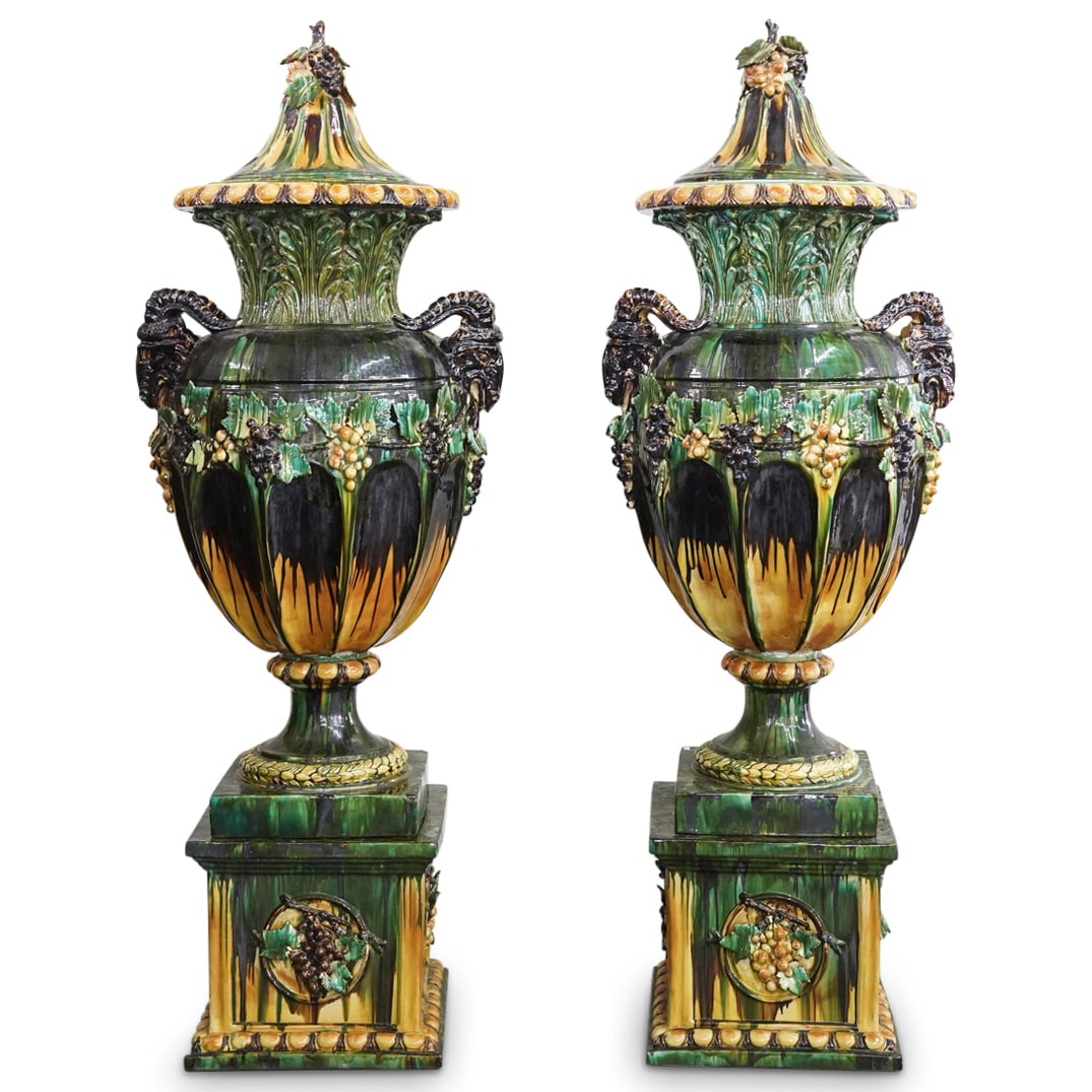 Pair Of Important Monumental Italian Majolica Lidded Vases (1 of 10)