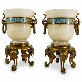 Pair Of Antique French Champleve, Bronze, And Onyx Urns