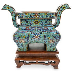 Antique Chinese Qianlong Cloisonne Temple Censer On Hardwood Stand