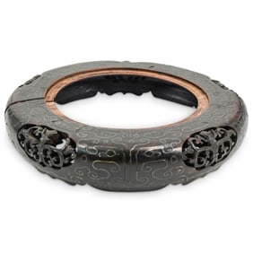 Antique Chinese Carved Wood Silver Inlay Stand