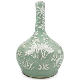 Antique Chinese Export Celadon And Carved Paste Porcelain Bottle Vase