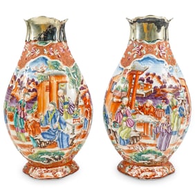 Pair Of 18th Century Chinese Export Silver Mounted Mandarin Vases