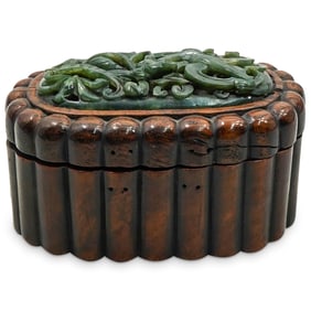 18th Century Chinese Spinach Jade Lidded Wooden Box