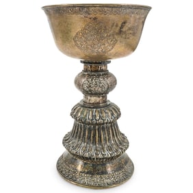 Large, Rare Antique Tibetan Silver Butter Lamp