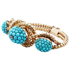 Victorian 14k Gold, Turquoise and Diamond Serpent Bracelet