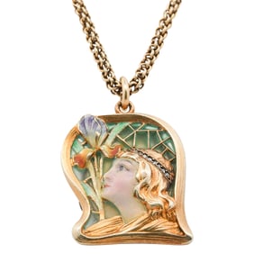 Art Nouveau 14k Gold and Enamel Locket Pendant Necklace