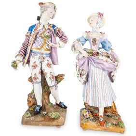 Pair Antique Meissen Porcelain Garden Group Figurines