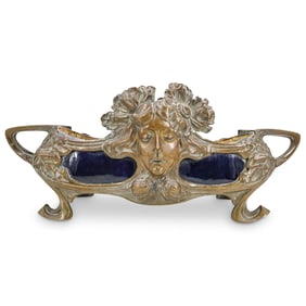 Antique Art Nouveau Bronze & Porcelain Figural Centerpiece