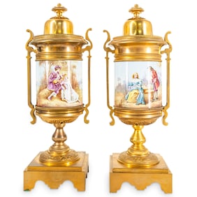 (2 Pc) Pair Of Antique French Porcelain & Gilt Bronze Urns