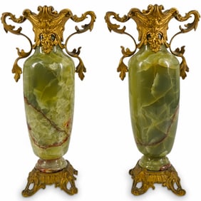 Pair Antique French Onyx & Gilt Bronze Urns