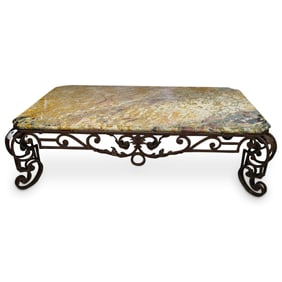 Antique French Marble Top Patinated Wrought Iron Table