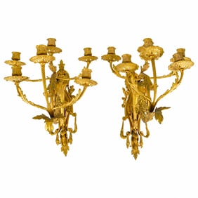 Pair Antique French Gilt Bronze Floral Sconces