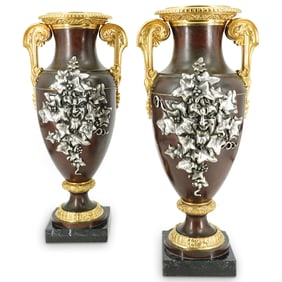 Pair Of Antique French Gilt & Silvered Bronze Bacchus Vases