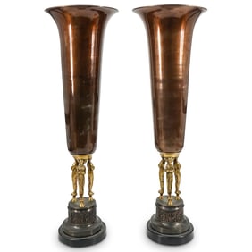 Pair Of Antique European Bronze Egyptian Revival Vases
