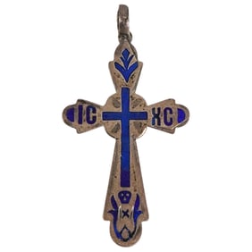 19th C. Russian Orthodox Calvary Enameled 875 Silver Cross Pendant