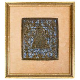 19th Century Russian Enameled Bronze St. Nicholas Icon