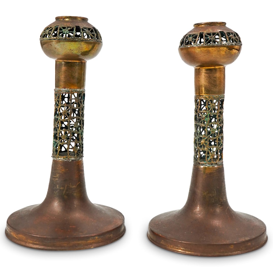 Pair Sarpaneva Lace Bronze Scandinavian Pitsi Candleholders: DESCRIPTION: (2 Pc) Pair of Scandinavian Pitsi lace bronze candle holders of the 1960s-1970s designed by Pentti Sarpaneva (Finland, 1925-1978) and made by Turun Hopea, Finland. Designed with laced bro
