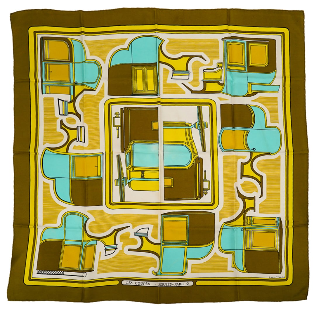 Hermes Carriage Scarf: DESCRIPTION: Vintage scarf by Hermes crafted from 100% silk depicting horse drawn carriage and carriage part motifs. CIRCA: 20th Century ORIGIN: France DIMENSIONS: W: 34.5" L: 35" CONDITION: Tiny stai