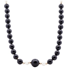 14k Gold, Beaded Onyx and Pearl Necklace