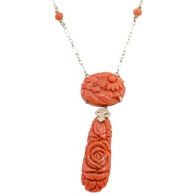 Antique 14k Gold & Red Coral Carved Necklace