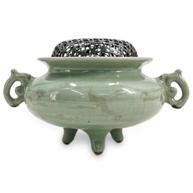 Antique Korean Celadon Porcelain Censer W/ Silver Lid
