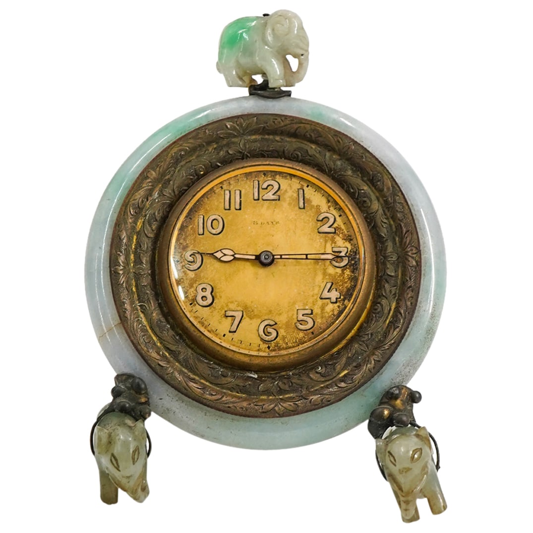 Edward J Farmer Attrib. 8-Day Jade Elephant Lemania Desk Clock (1 of 5)