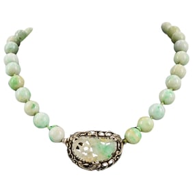 Antique Chinese Sterling Silver Jade Beaded Pendant Necklace